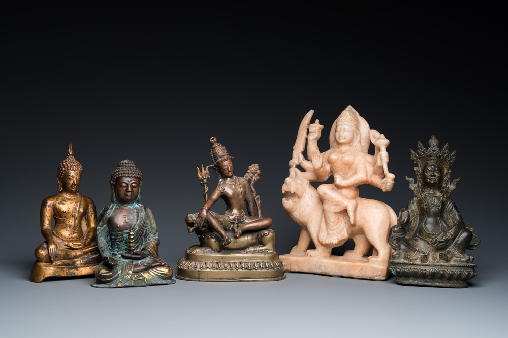 Five Asian sculptures in alabaster, bronze and brass, 19/20th C.