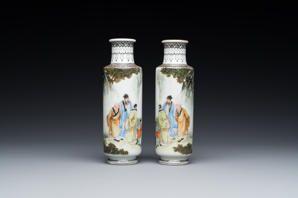 A pair of Chinese famille rose rouleau vases, signed Xiong Xiaofeng 熊曉峰, dated 1947