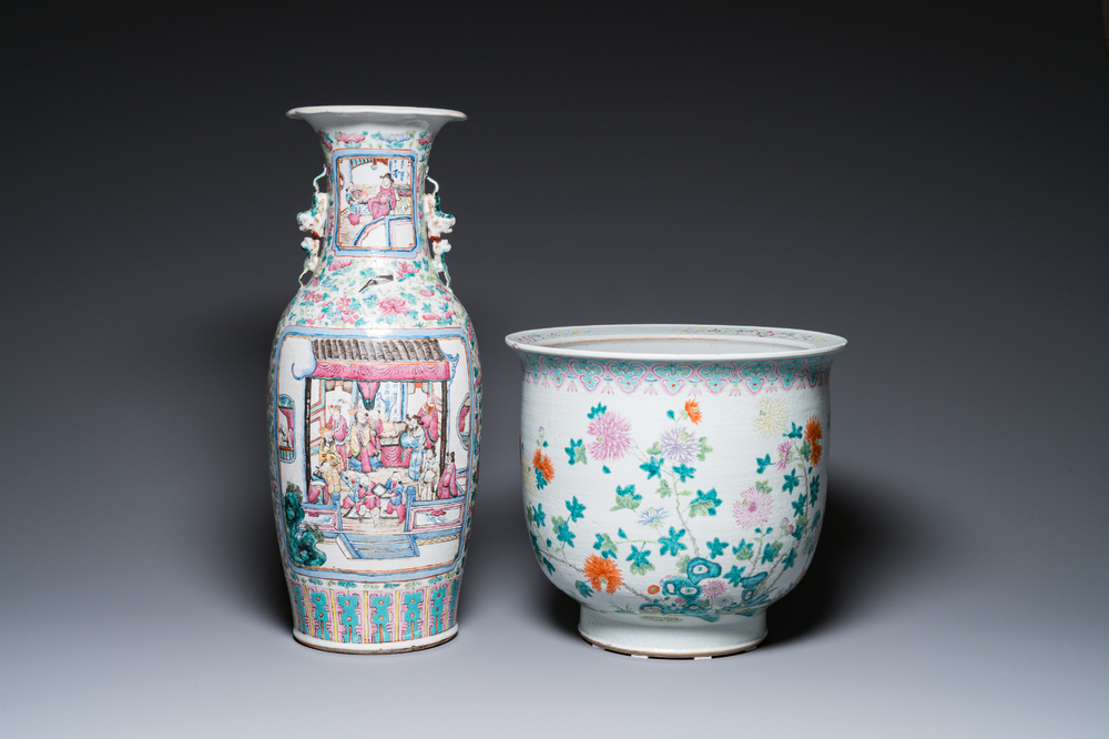 A Chinese famille rose jardini&egrave;re and a vase, 19th C.