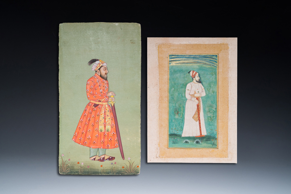 Two Indian school miniatures: 'Portrait of the Mughal Emperor Farrukhsiyar' and 'Portrait of a ruler', 19th C.