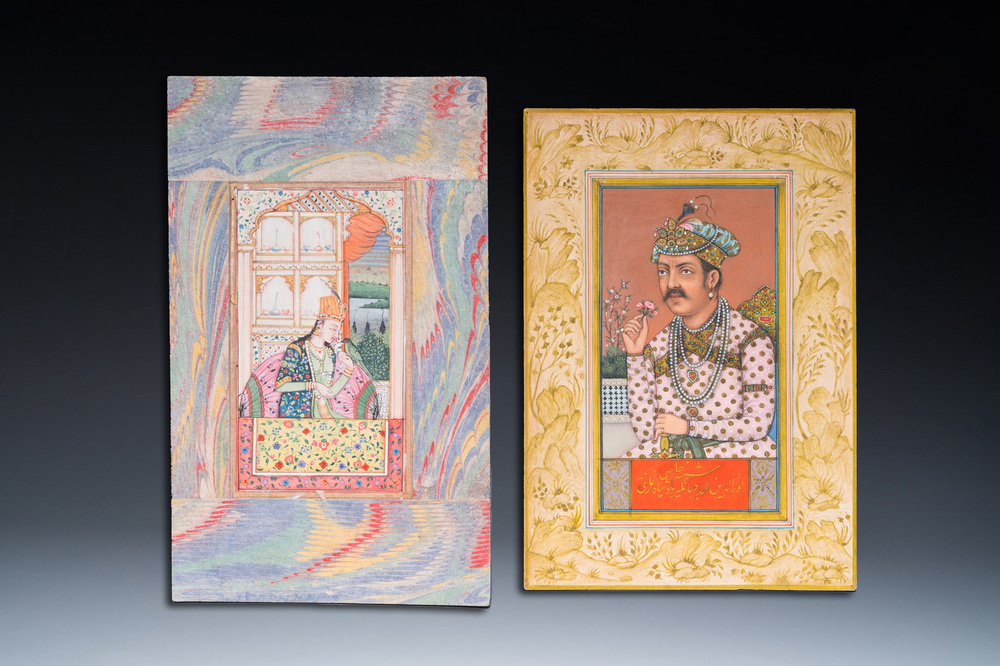 Twee Indische school miniaturen: 'Portret van de derde Mogolse keizer Akbar de Grote' en 'Portret van een prinses', 19e eeuw