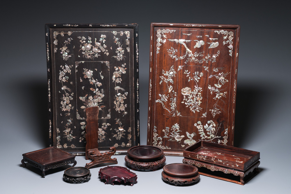 Six Chinese wooden stands and three trays with inlay of mother-of-pearl, 19/20th C.