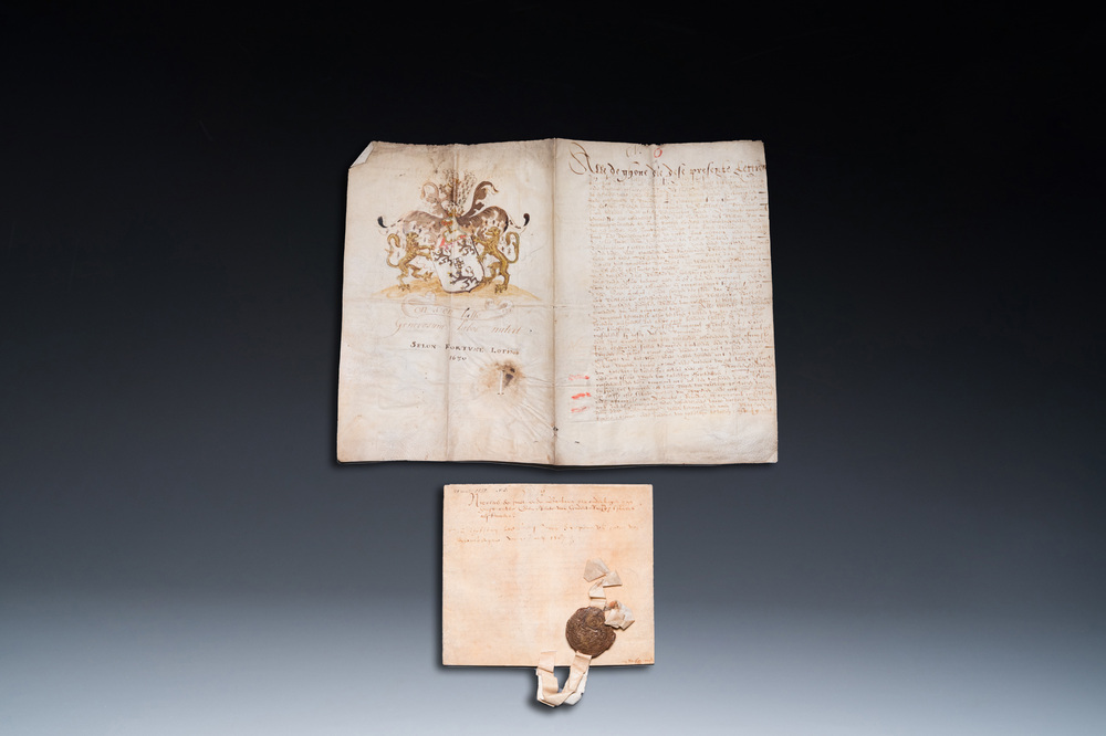 A Flemish armorial manuscript on parchment and a second one, dated 1587 and bearing a seal, 16th C.