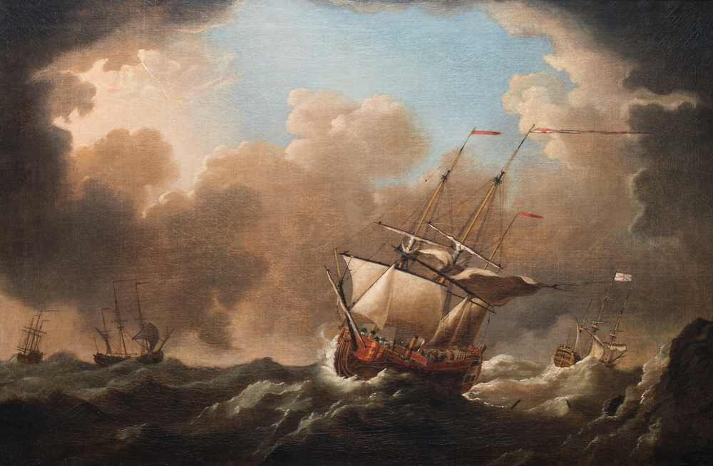 Follower of Willem van de Velde (1633-1707): 'Marine view with four British ships at sea', oil on canvas