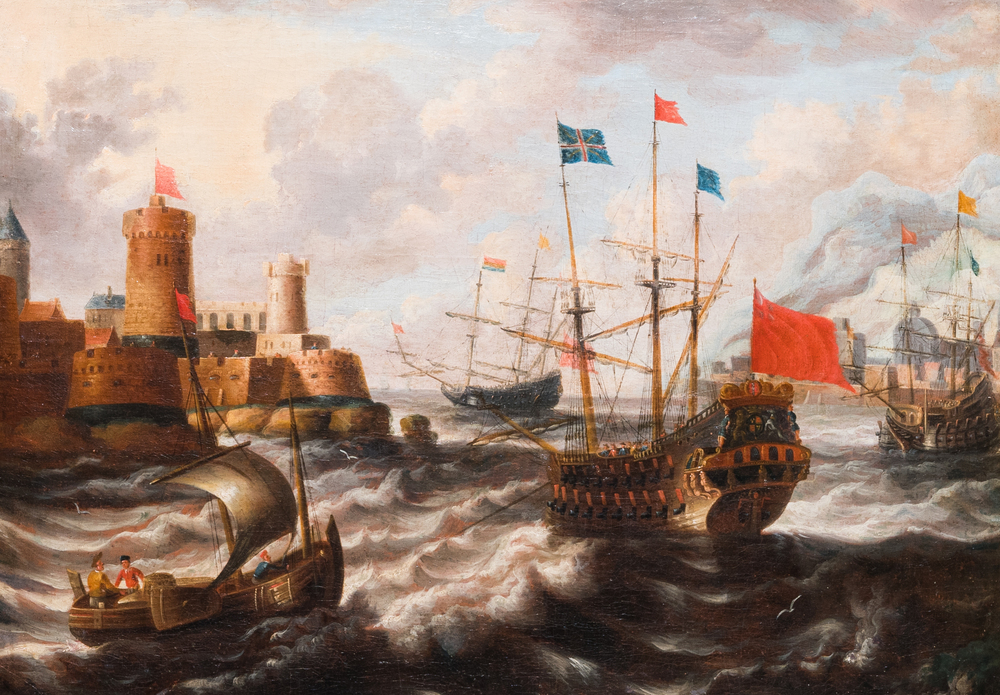 Peter van den Velde (1634-1723/1724, toegeschr. aan): 'Havenzicht met vier schepen op zee', olie op doek