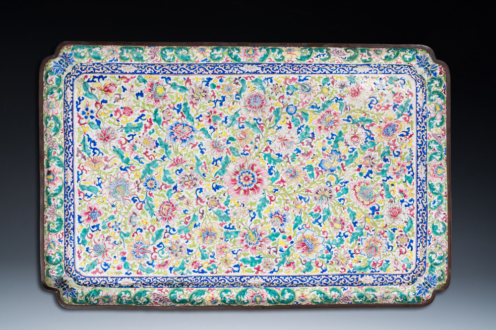 A massive Chinese Canton enamel rectangular tray, Yongzheng/Qianlong