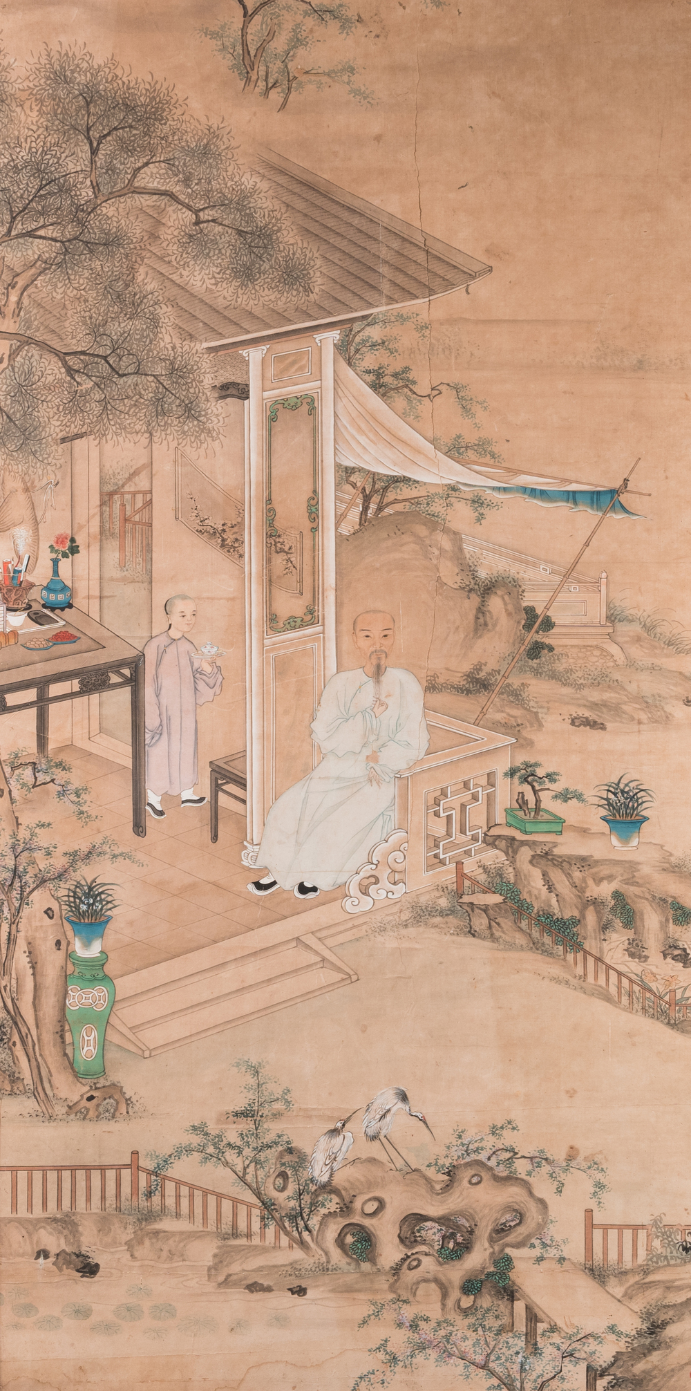 Chinese school: 'A scholar and his servant on a terrace', ink and colour on paper, 18/19th C.