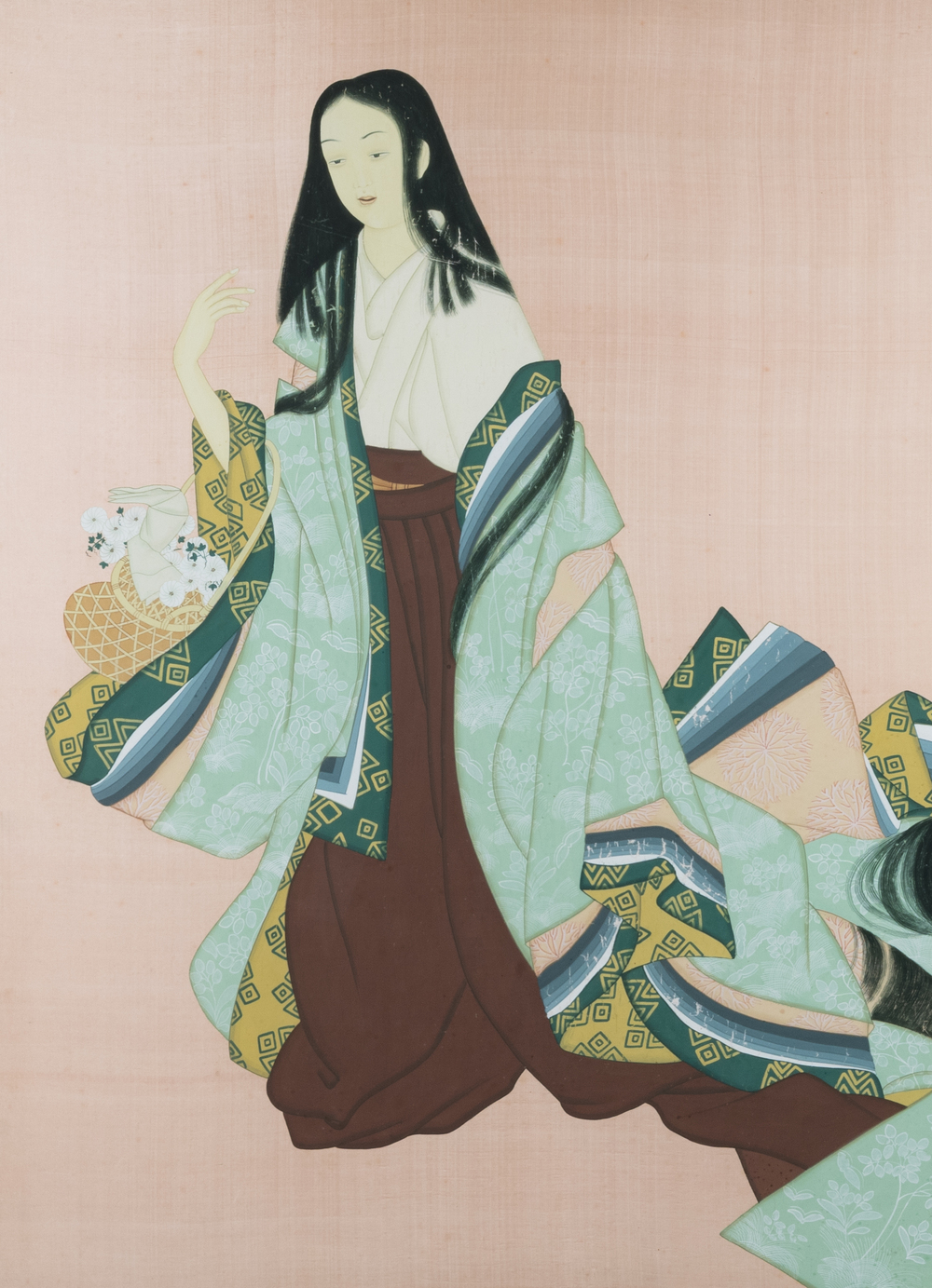 Ecole japonaise, suiveur d'Uemura Shoen (1875-1949) : 'Jeune femme au panier de fleurs', Showa, 20&egrave;me