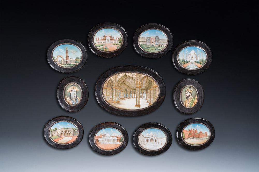 Indian school: Eleven Taj Mahal miniatures including the portraits of Shah Jaha and his wife Mumtaz Mahal, early 20th C.