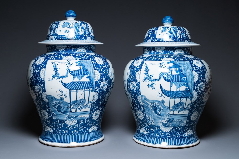 An exceptionally large pair of Chinese blue and white vases and covers, 19/20th C.