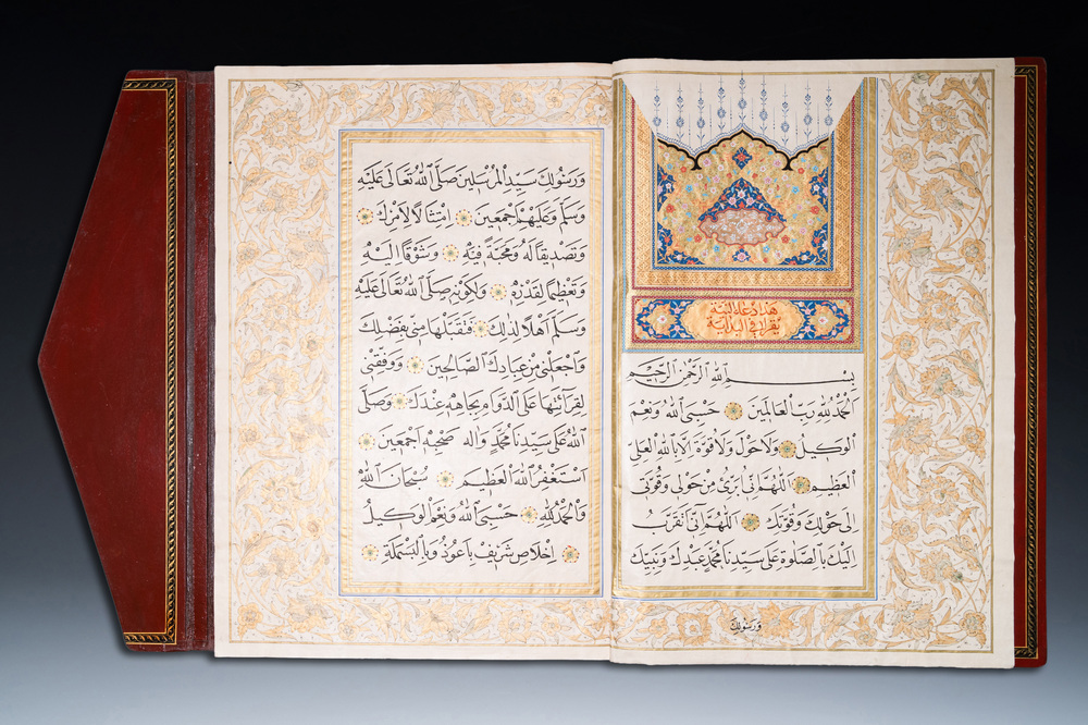 Imam Muhammad al-Jazuli (c. 1404-1465): Dala'il al-Khayrat, luxurious manuscript in large format in leather folder, 20th C.
