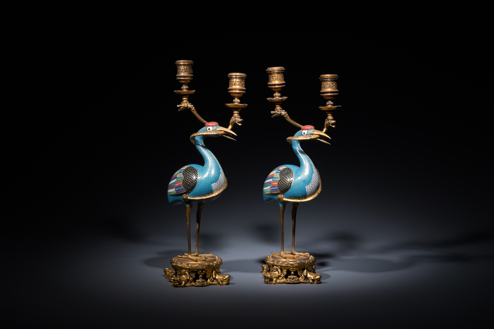A pair of Chinese cloisonn&eacute; cranes with gilt bronze candelabra mounts, 18/19th C.