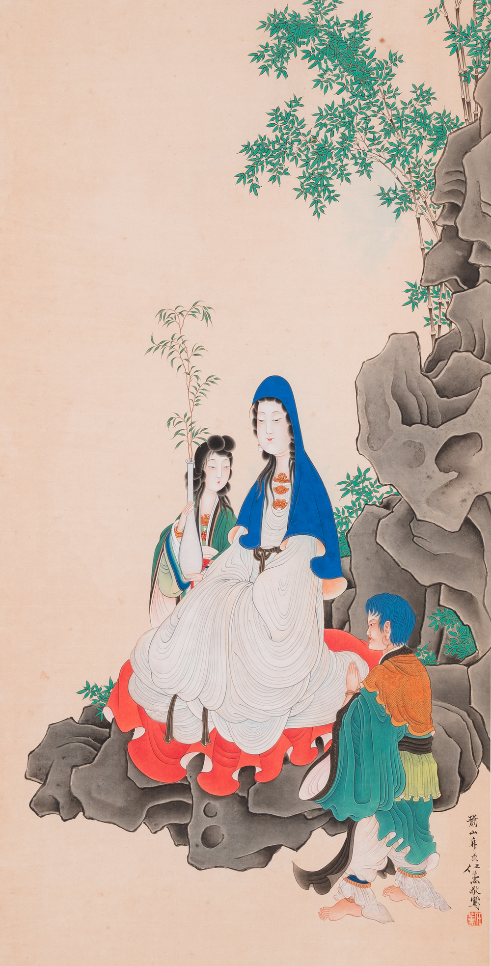 Attributed to Ren Xun 任薰 (1835-1893): 'Bodhisattva with servants', ink and colour on paper