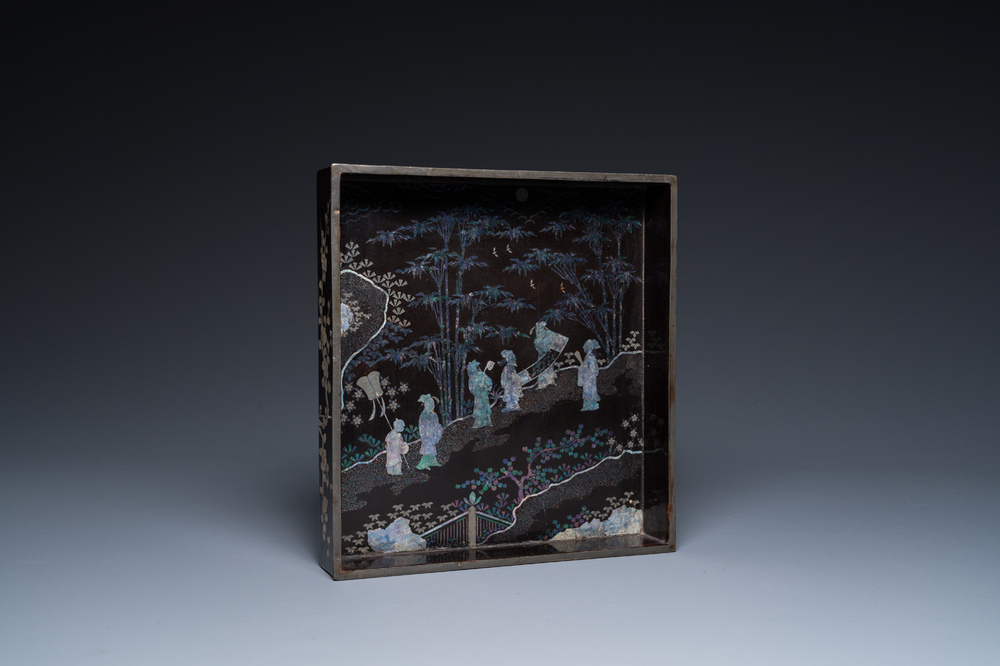 A square Chinese mother-of-pearl-inlaid black lacquer tray, 18th C.