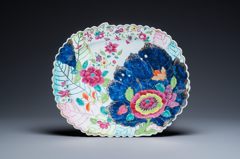 A large Chinese famille rose 'tobacco leaf' dish, Qianlong