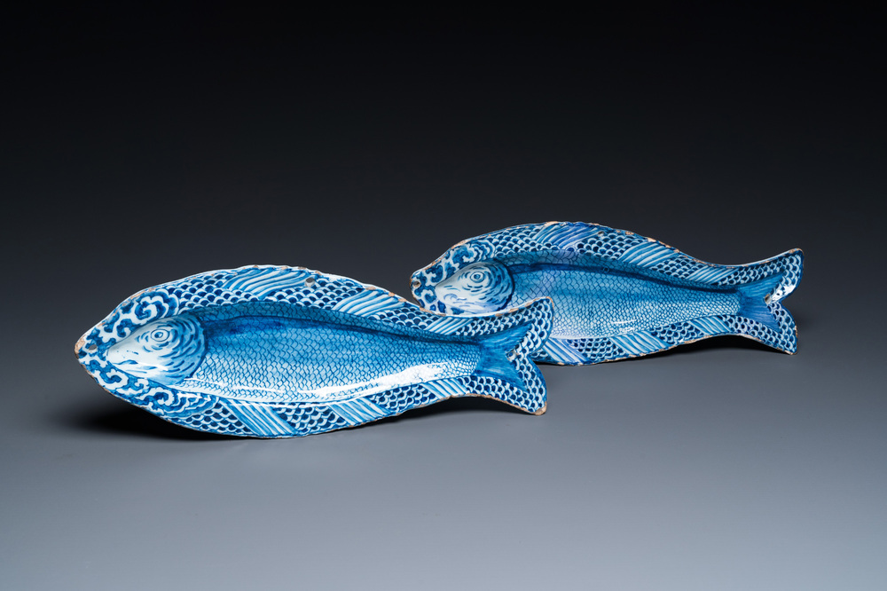 A pair of Dutch Delft blue and white herring dishes, 18th C.
