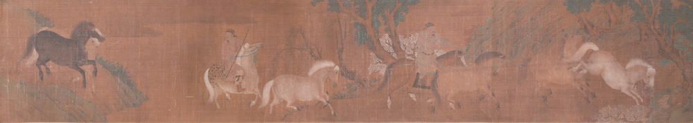 Chinese school: 'Twee ruiters met acht paarden', inkt en kleur op zijde, wellicht Ming
