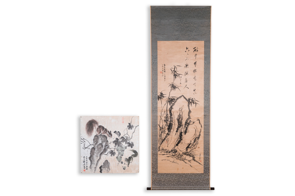 Liu Ruihua 劉瑞華 (1971): 'Eekhoorns met druiventrossen', inkt en kleur op papier, gedat. 1995 en Jiang Yunge 江雲閣: 'Bamboe', inkt op zijde, gedat. 1949