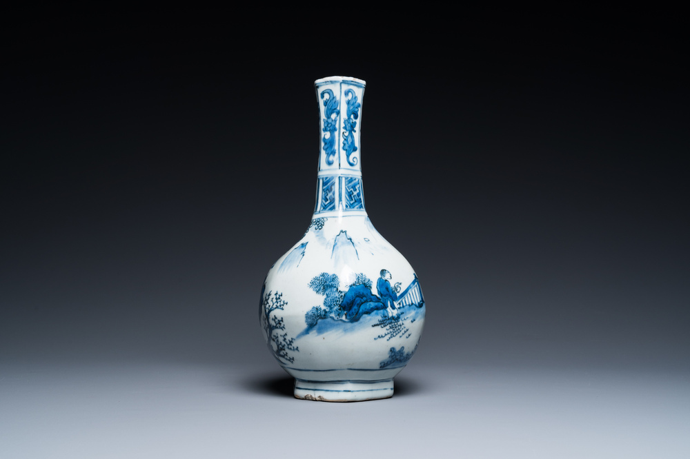 Een Chinese blauw-witte flesvormige vaas met Wang Xizhi, Transitie periode