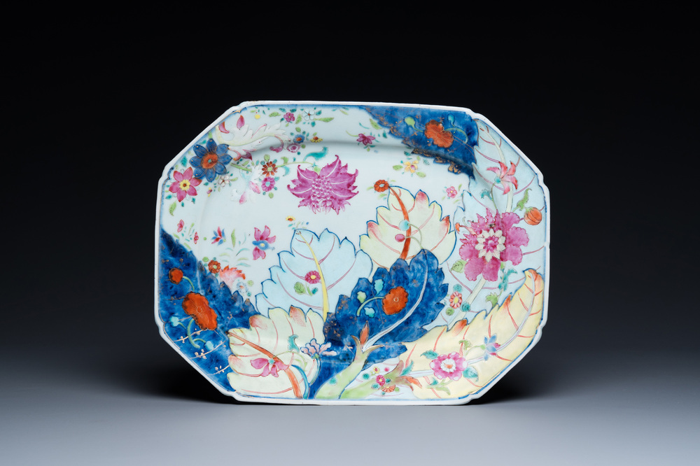 A Chinese octagonal famille rose 'tobacco leaf' dish, Qianlong