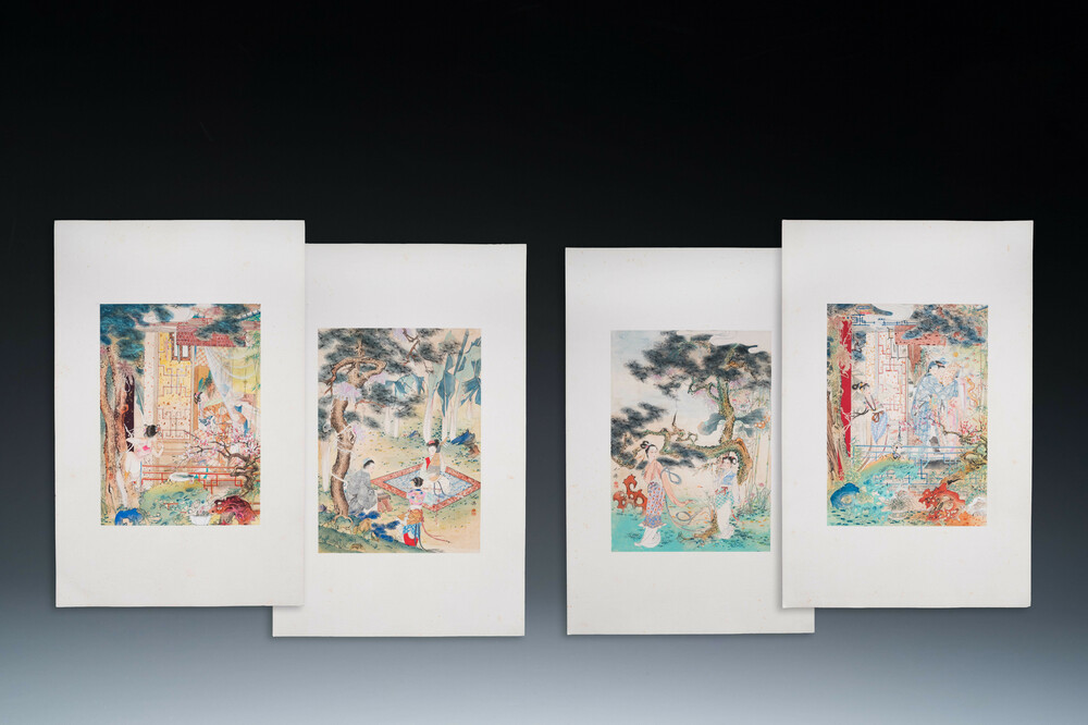 Hu Yefo 胡也佛 (1908-1980): 'Four scenes from Xi Xiang Ji', ink and colour on paper