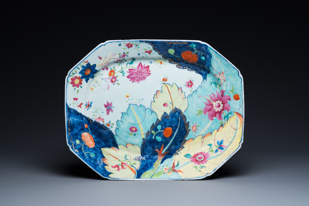 A large Chinese octagonal famille rose 'tobacco leaf' dish, Qianlong