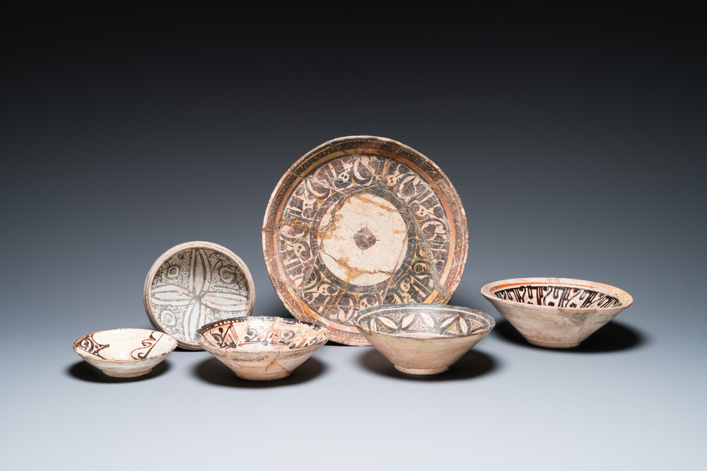 Five Islamic pottery bowls and a dish, Persia, 10th C. and later