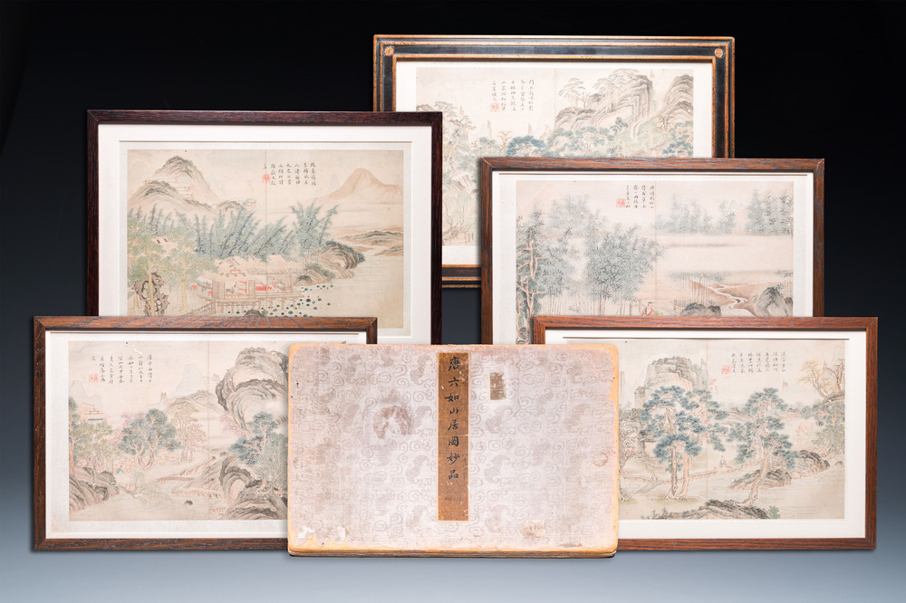 Navolger van Tang Yin 唐寅 (1470-1524): Vijf landschappen en een album met twee landschappen, inkt en kleur op zijde, 20e eeuw