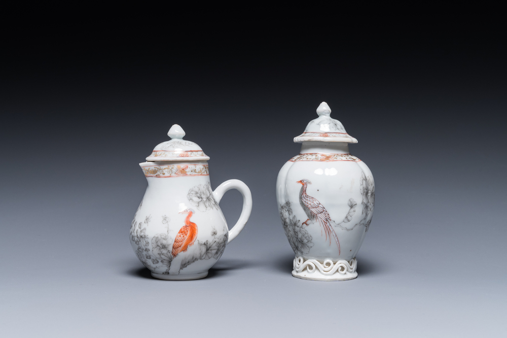 A Chinese iron-red and grisaille tea caddy and cream jug with fine pheasants, Yongzheng