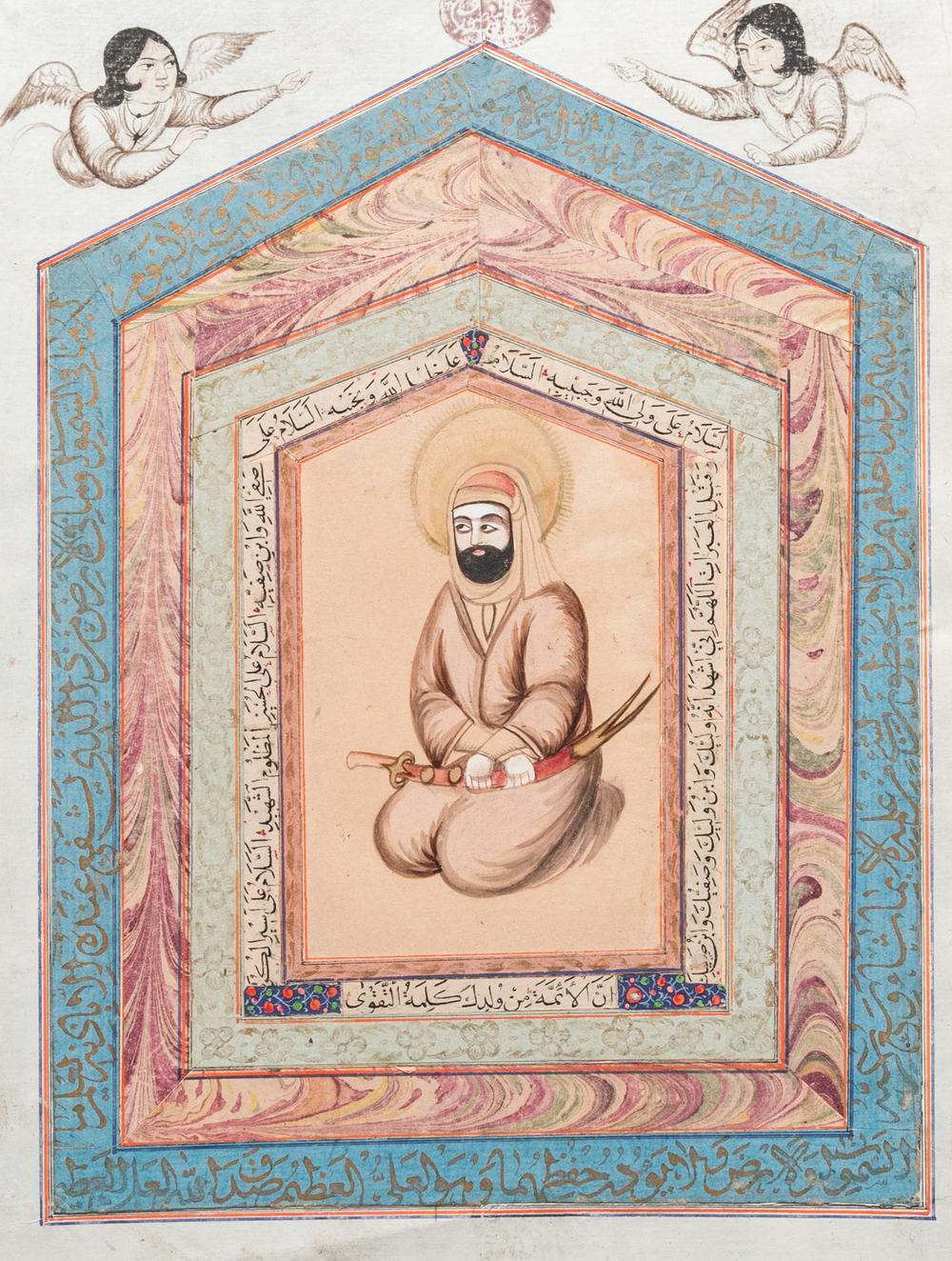 Qajar school, miniature: 'Imam Ali', surrounded by calligraphy