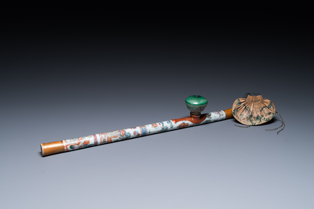 A rare Chinese famille rose opium pipe with narrative scenes, 19th C.