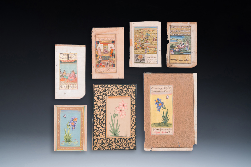 Persian and Indian school: seven miniatures with figurative and floral designs on Quran pages, 19/20th C.