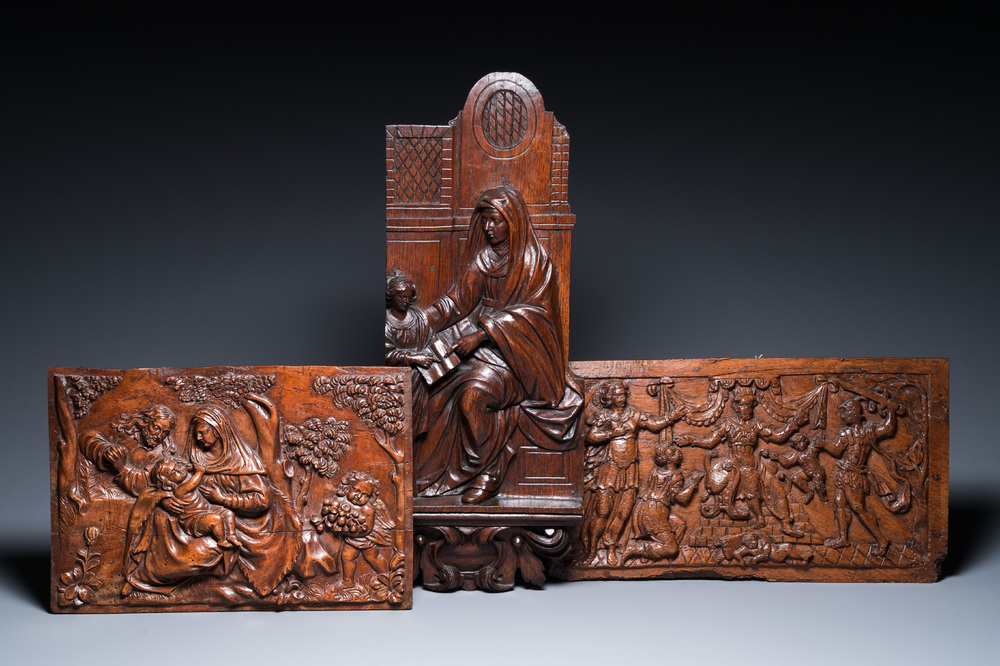 Drie fraai gestoken eikenhouten panelen, Frankrijk en Vlaanderen, 17e eeuw