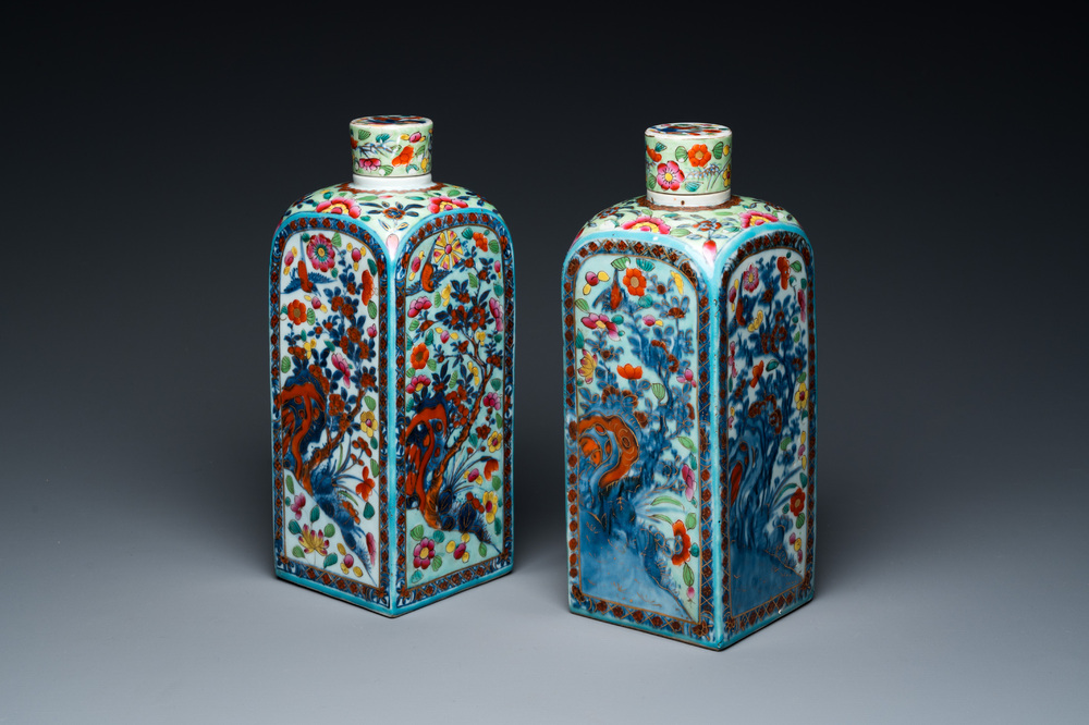 A pair of Chinese blue and white square flasks with European overdecoration, Kangxi