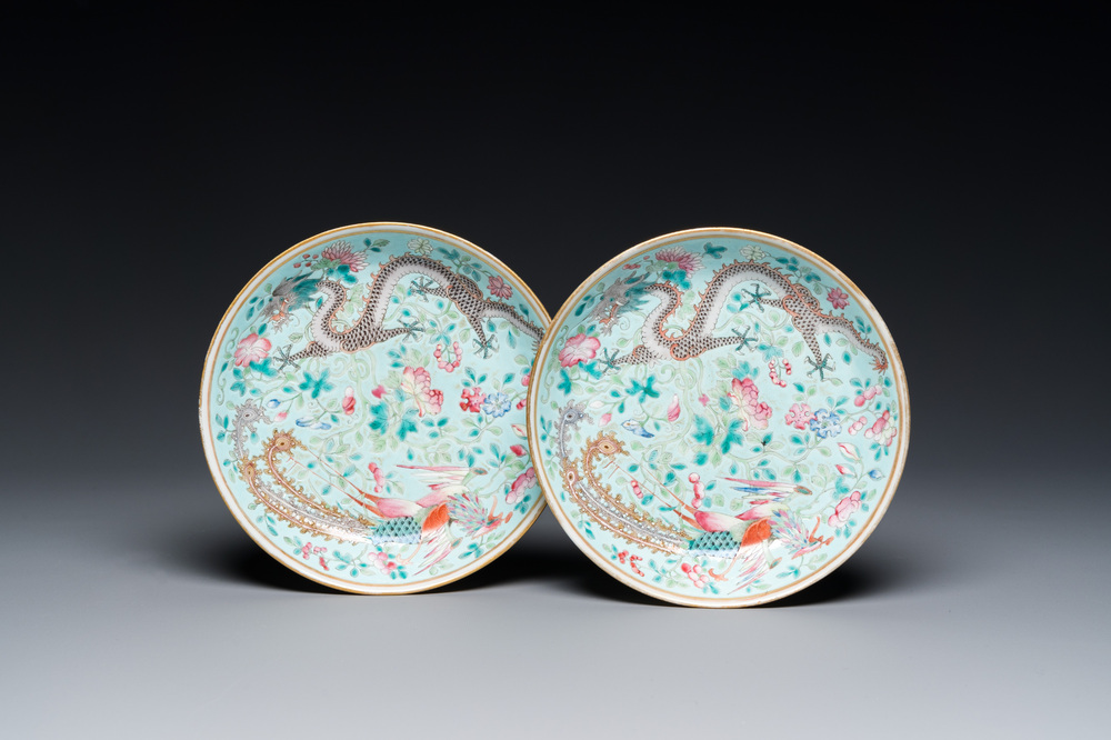 A pair of Chinese famille rose 'dragon and phoenix' saucer dishes, Guangxu mark and of the period