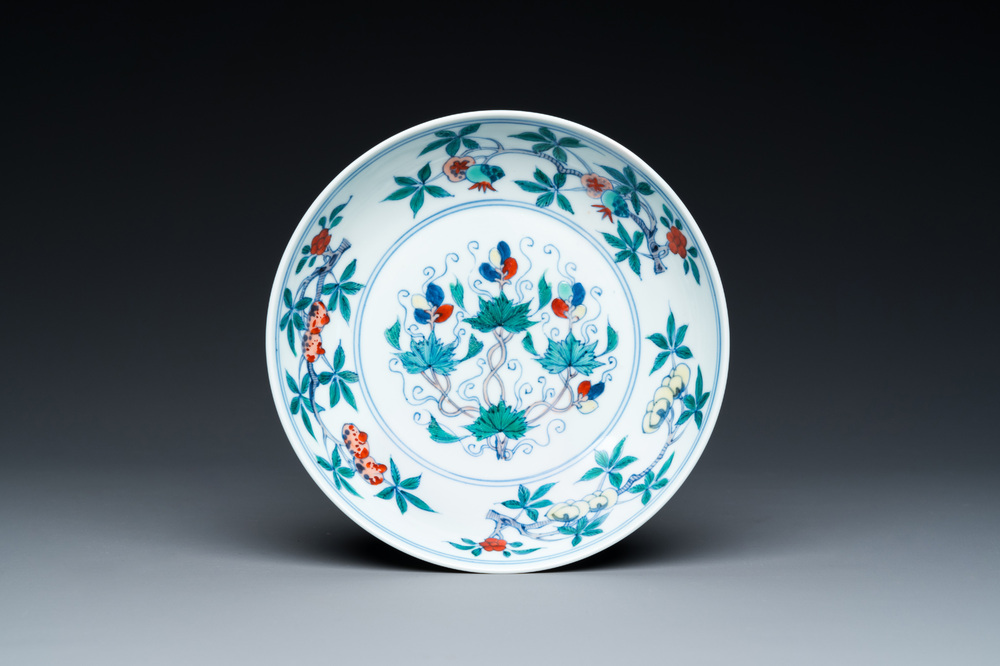 A Chinese doucai 'sanduo' plate, Chenghua mark, Kangxi