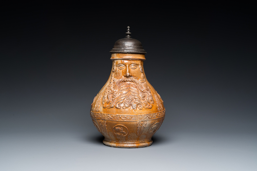 An exceptionally fine pewter-lidded stoneware bellarmine jug with portrait medallions, Cologne, Germany, 2nd quarter 16th C.