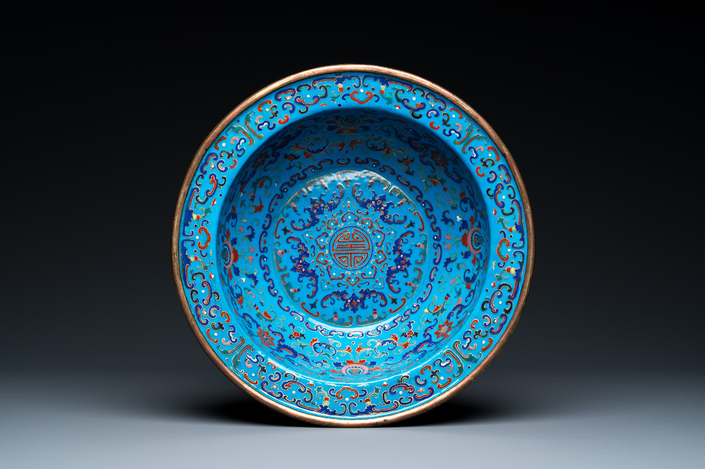 A Chinese pseudo-cloisonn&eacute; Canton enamel basin, Qianlong mark and of the period