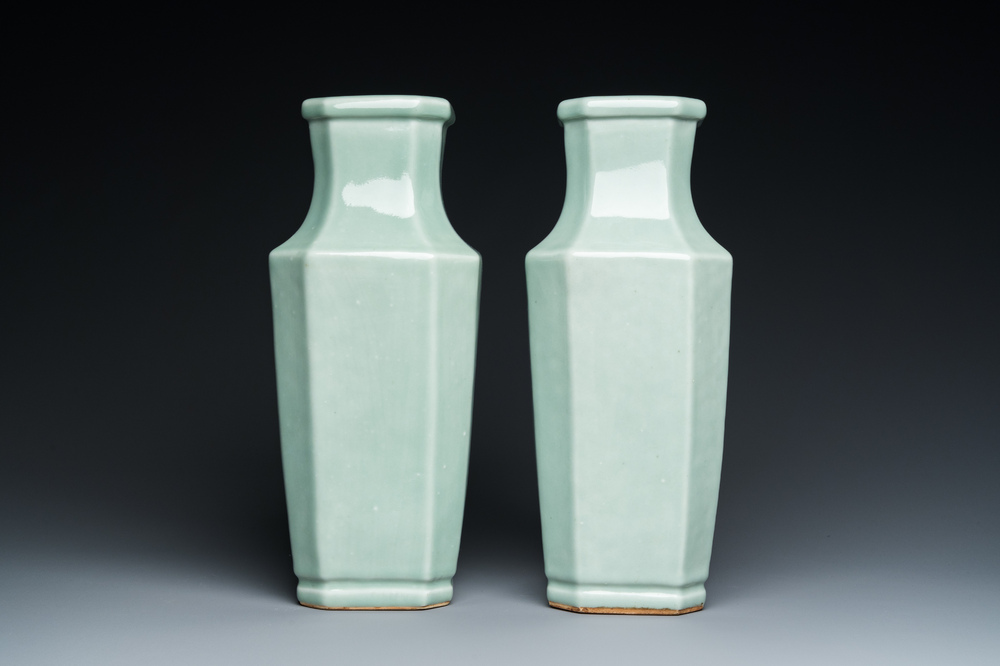 A pair of Chinese monochrome celadon-glazed vases, Xuantong mark and of the period