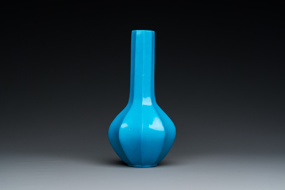 A Chinese turquoise blue Peking glass facetted bottle vase, Qianlong mark and of the period