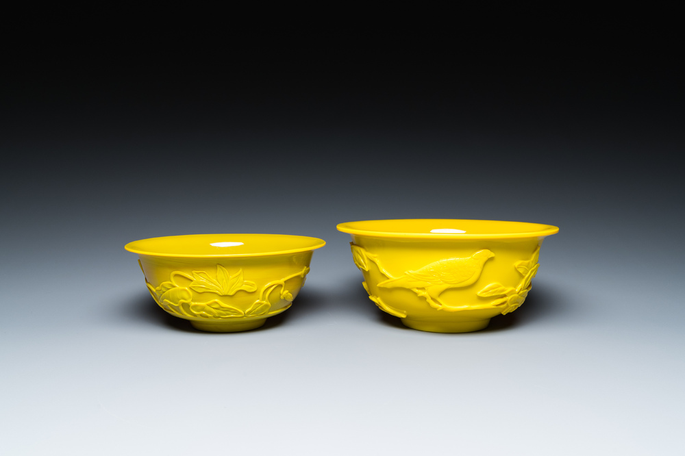 Two Chinese yellow Beijing glass bowls, 19/20th C.