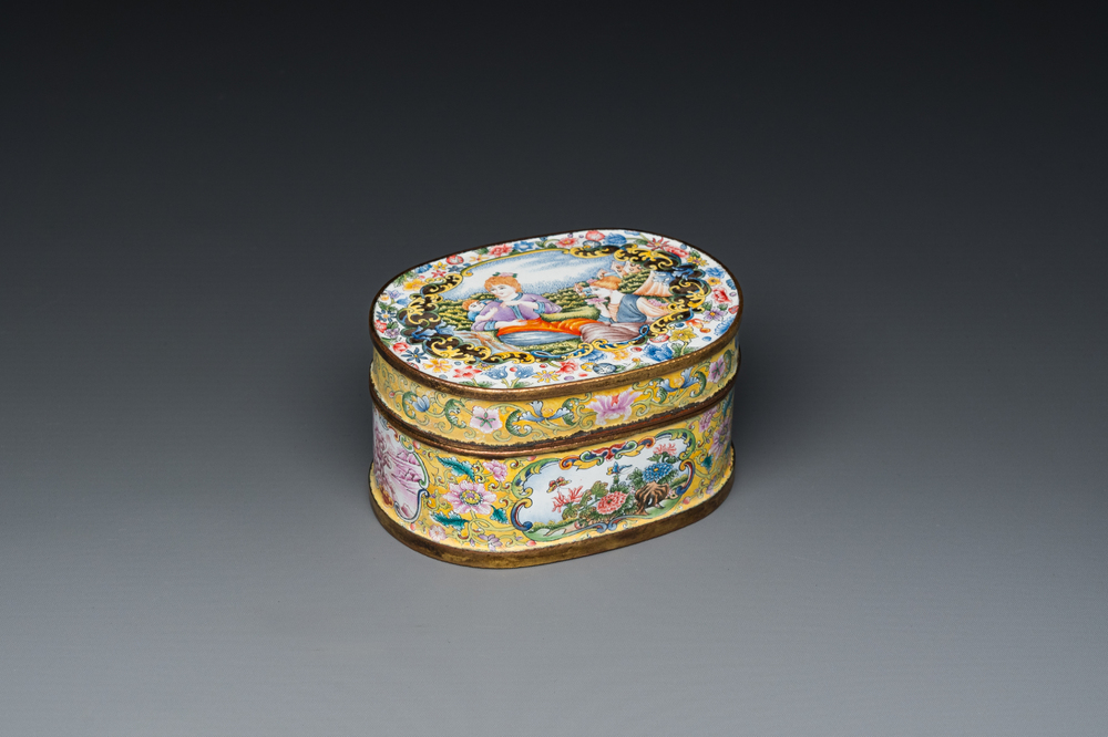 A fine Beijing enamel oval snuff box and cover with European ladies, Qianlong mark and probably of the period