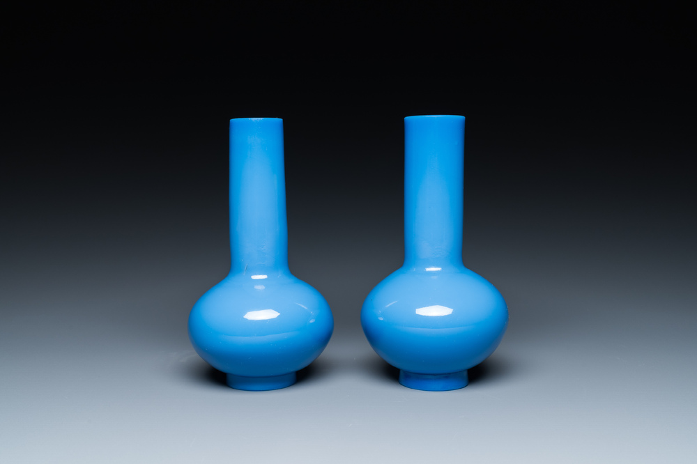 A pair of Chinese turquoise-blue Peking glass bottle vases, Qing