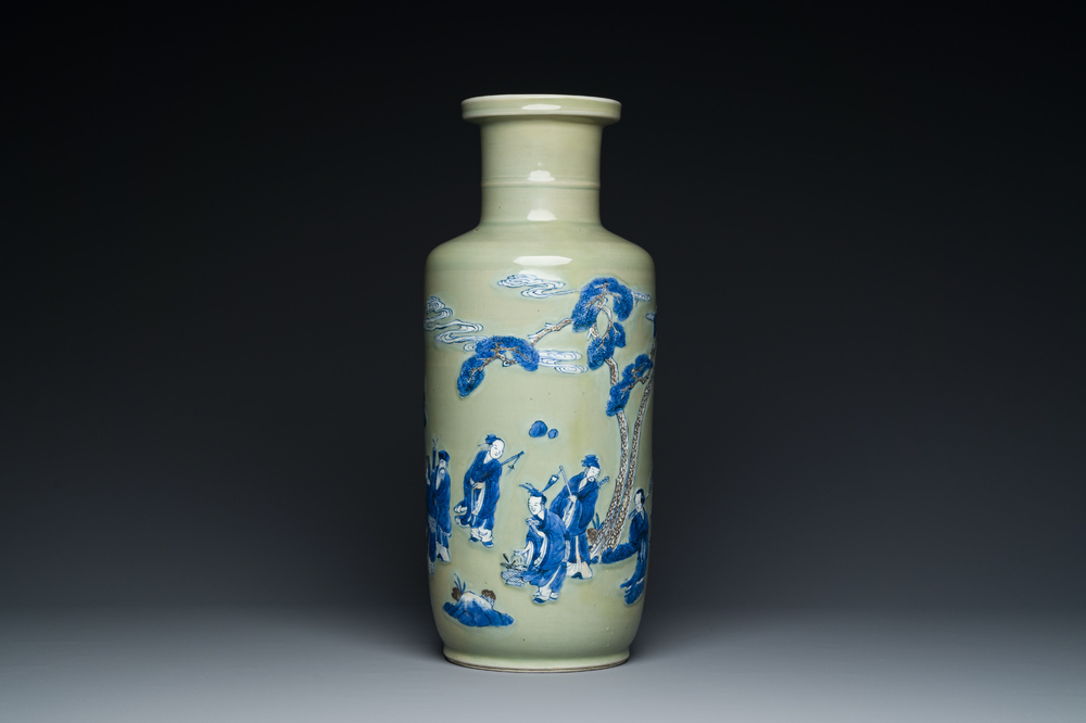 A Chinese celadon-ground blue, white and copper-red rouleau vase, Kangxi