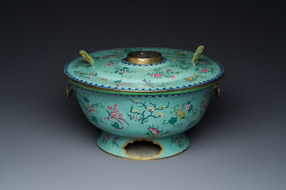 A large Chinese green-ground Canton enamel warming bowl with floral design, 18th C.