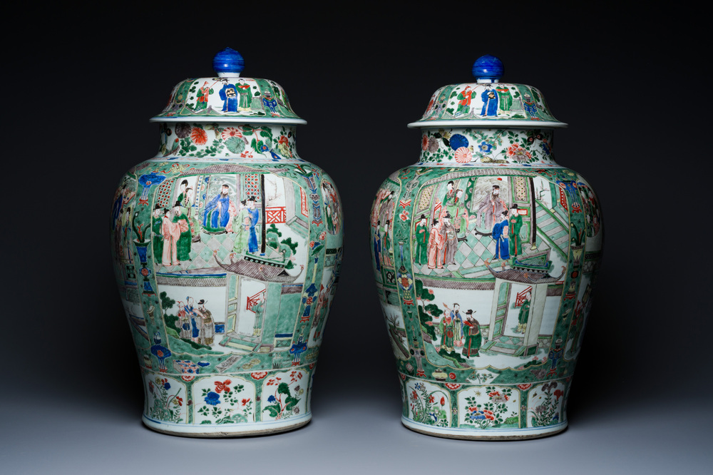 A fine pair of large Chinese famille verte vases and covers, Kangxi