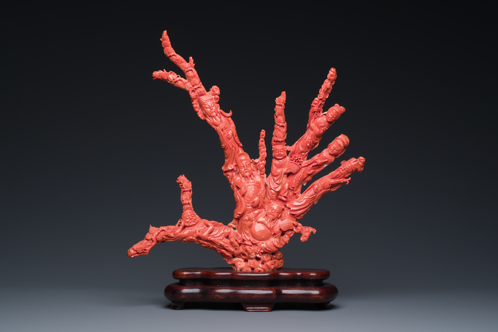 A large Chinese red coral 'Baxian' group, 19/20th C.