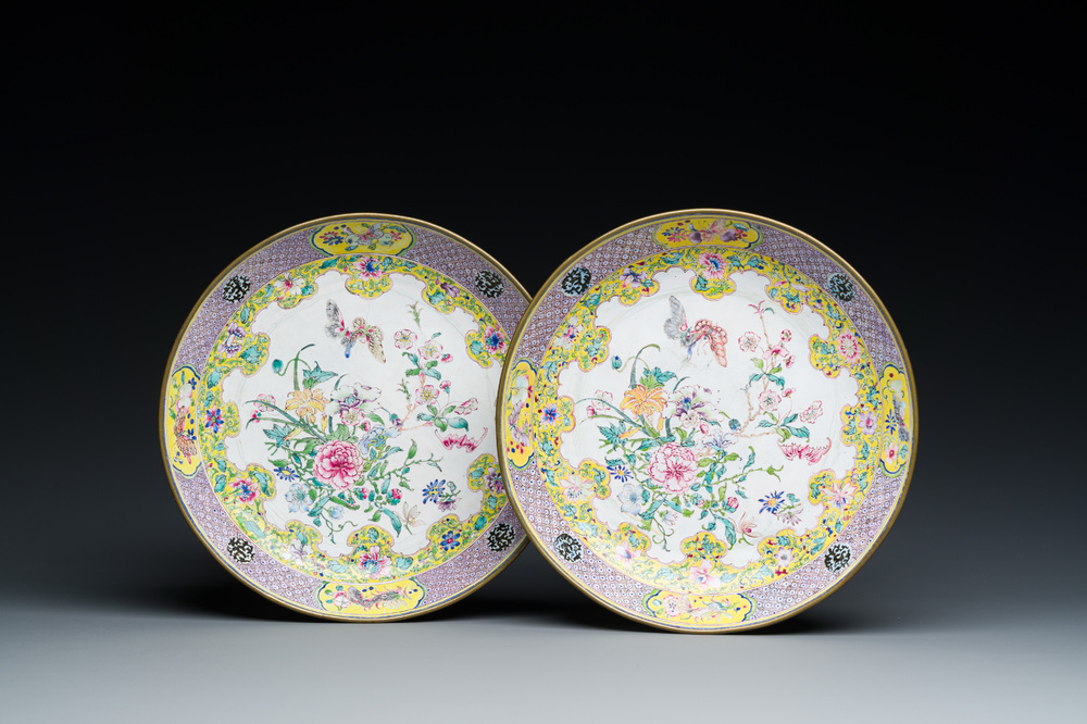 A pair of Chinese Canton enamel plates with exceptionally fine floral design, Yongzheng