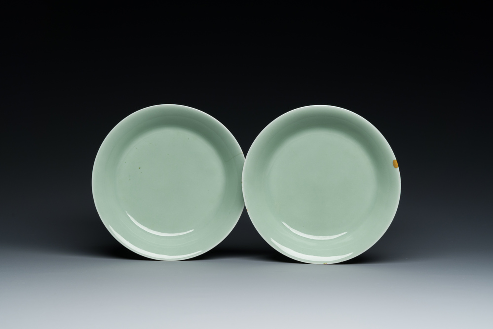 A pair of Chinese monochrome celadon-glazed plates, Qianlong mark and of the period