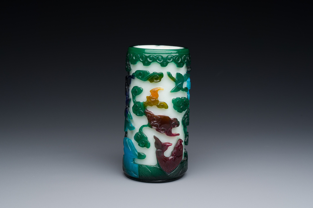 A Chinese four-coloured Peking glass brush pot, Qianlong